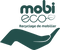 Logo de l'entreprise Mobi Eco - entreprise spécialisée dans le recyclage de mobilier. Design avec une main stylisée tenant le nom 'Mobi Eco' en vert, avec un symbole d'infini et une feuille évoquant l'écologie et l'économie circulaire.